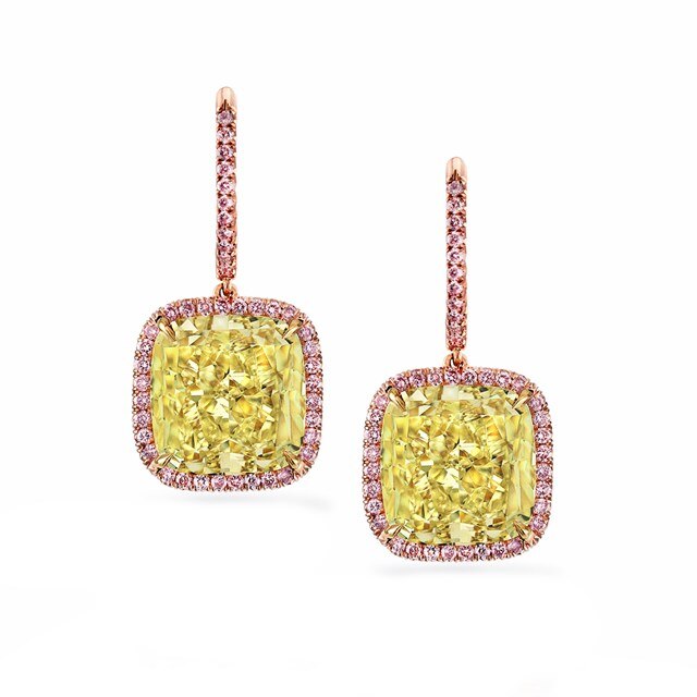 Fancy Light Yellow Diamond Halo Drop Earrings